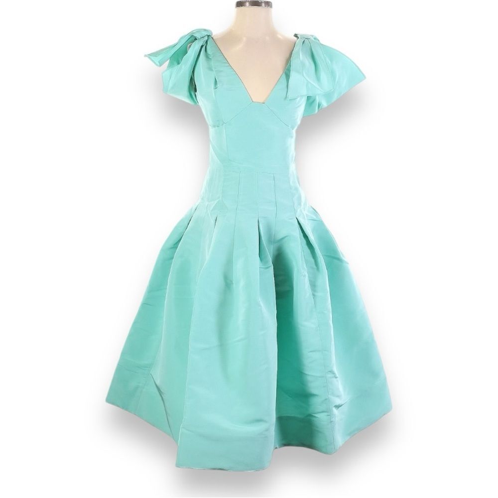 Oscar de la Renta Silk-Faille Taffeta Tea Length Midi Dress Green Bows 2